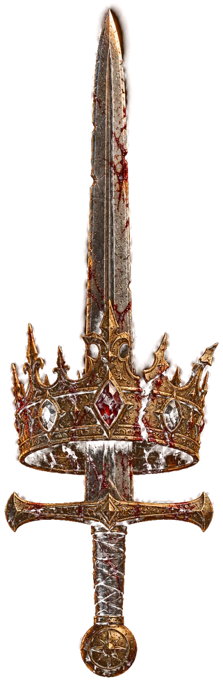 A battle-worn golden crown pierced by a bloodied sword